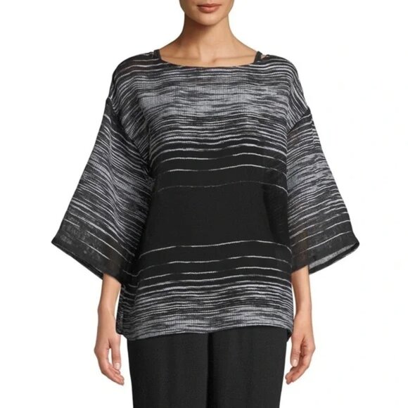 EILEEN FISHER Illusion Mesh Top Linen Blend Half Sleeve Black Boxy Lagenlook MP - Picture 1 of 15
